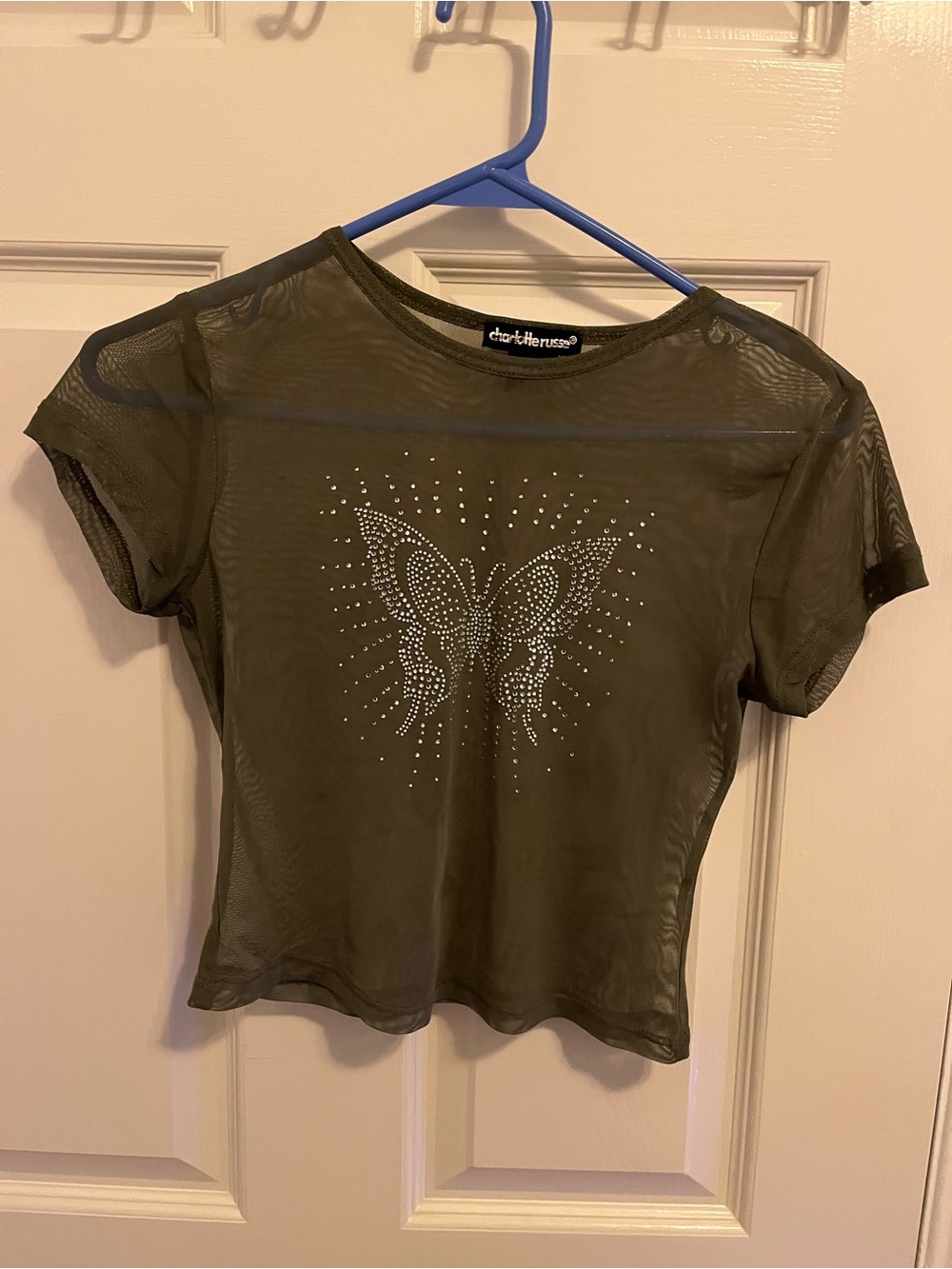 Charlotte Russe Olive Green Sheer Mesh Butterfly Tee